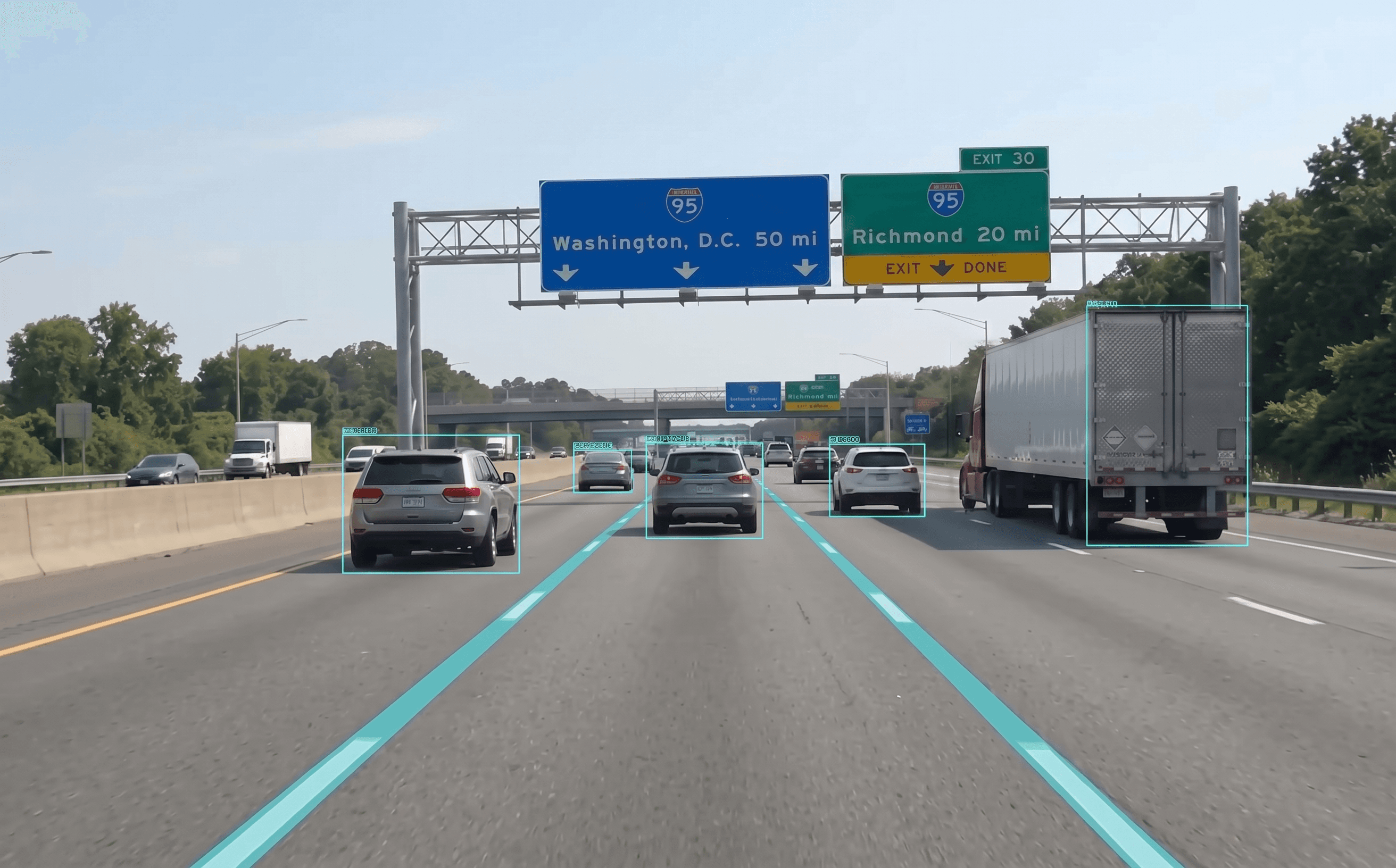 ADAS road scene with lane guidance and vehicle detection overlays