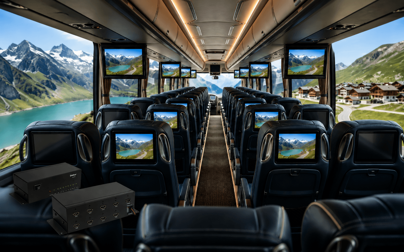 Coach entertainment integration accessories with seatback and overhead displays