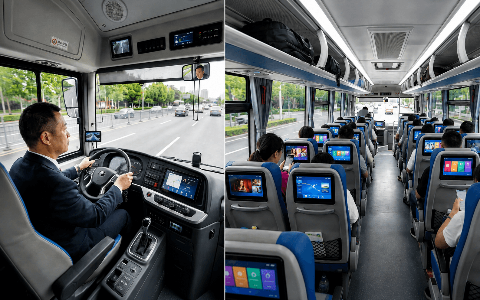 Bus cabin media and audio system with passenger entertainment displays