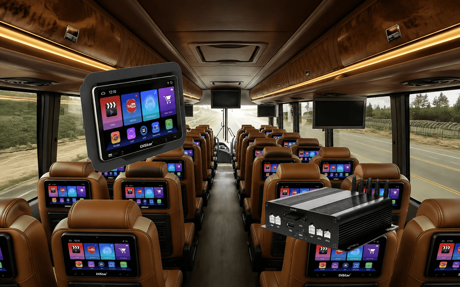 Coach cabin passenger displays and onboard entertainment server setup