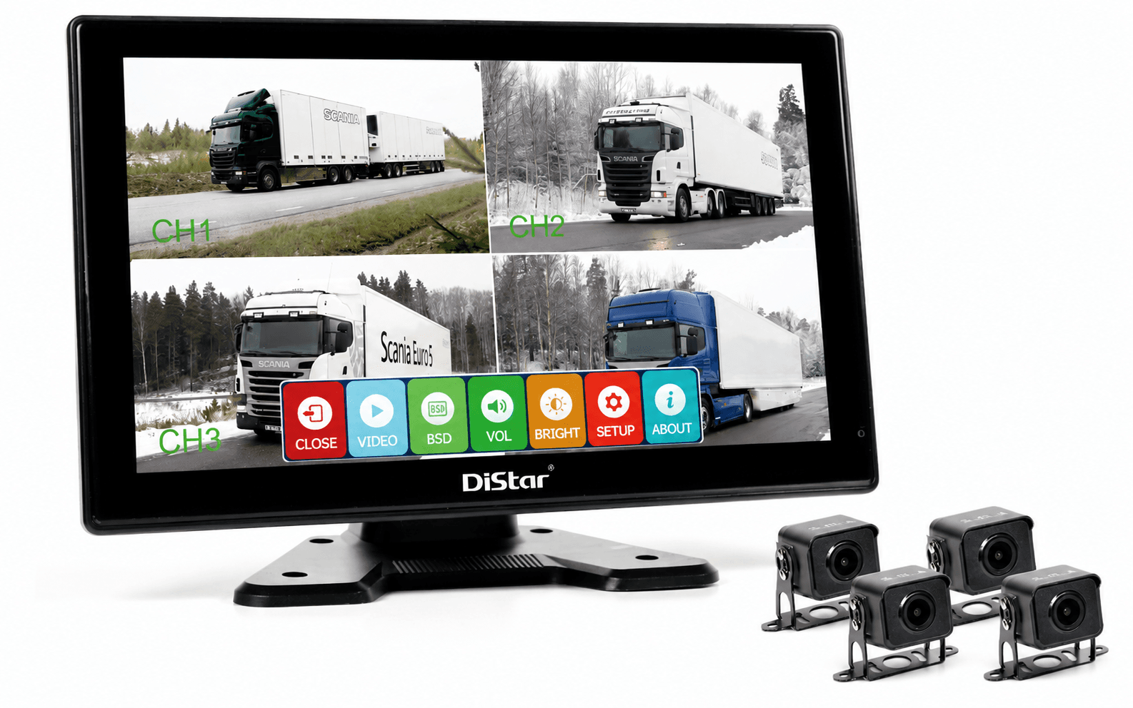 4G vehicle video monitoring screen with multi-channel truck camera views
