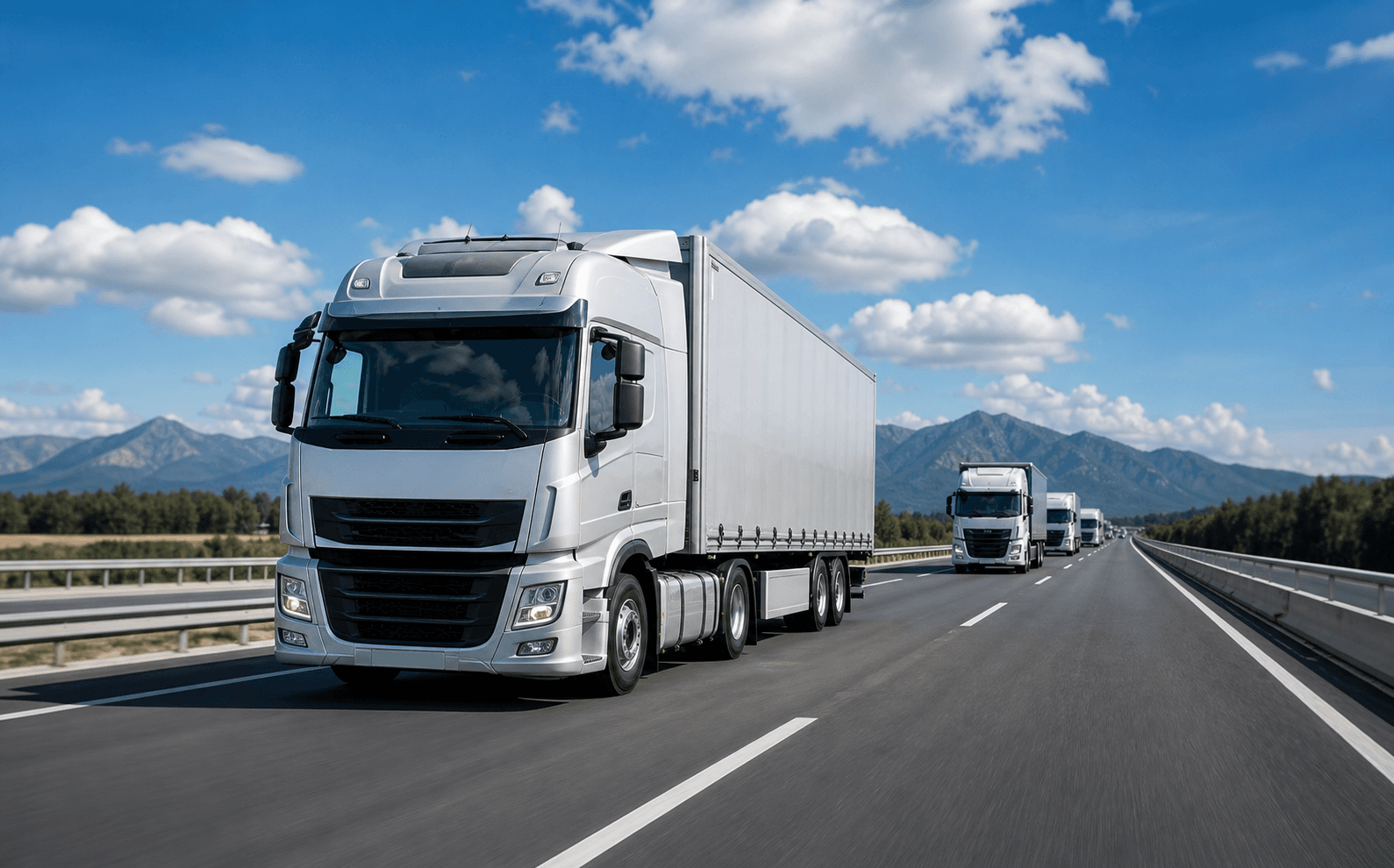 Commercial trucks on highway for logistics fleet safety and monitoring solutions
