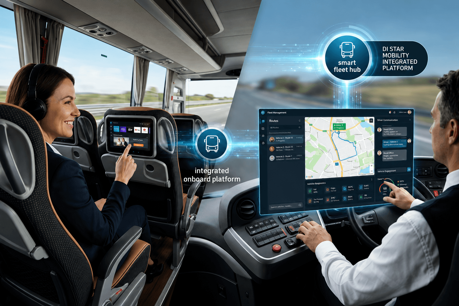 Passenger transit platform interface used as a visual reference for connected bus fleet workflows