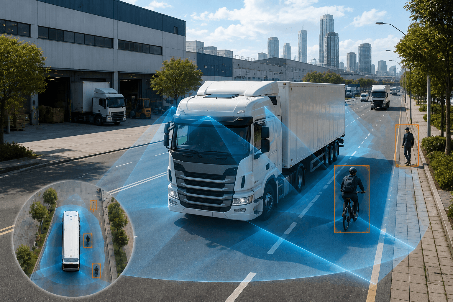 Surround view coverage around a commercial truck in urban logistics traffic