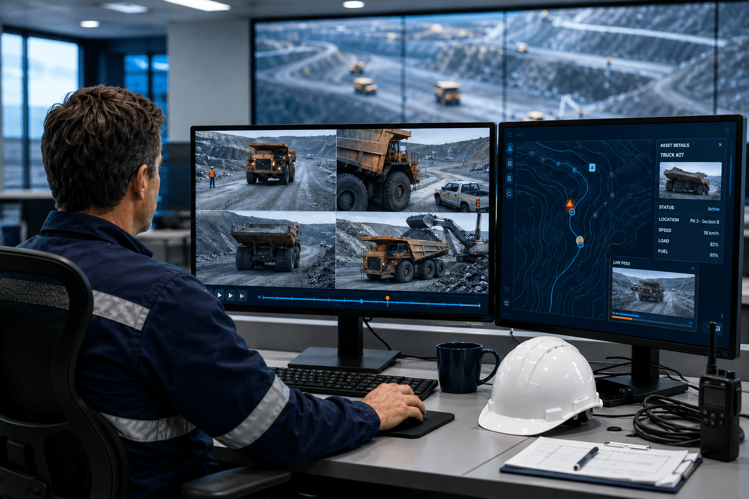 Mining worksite remote monitoring dashboard with vehicle video and map data