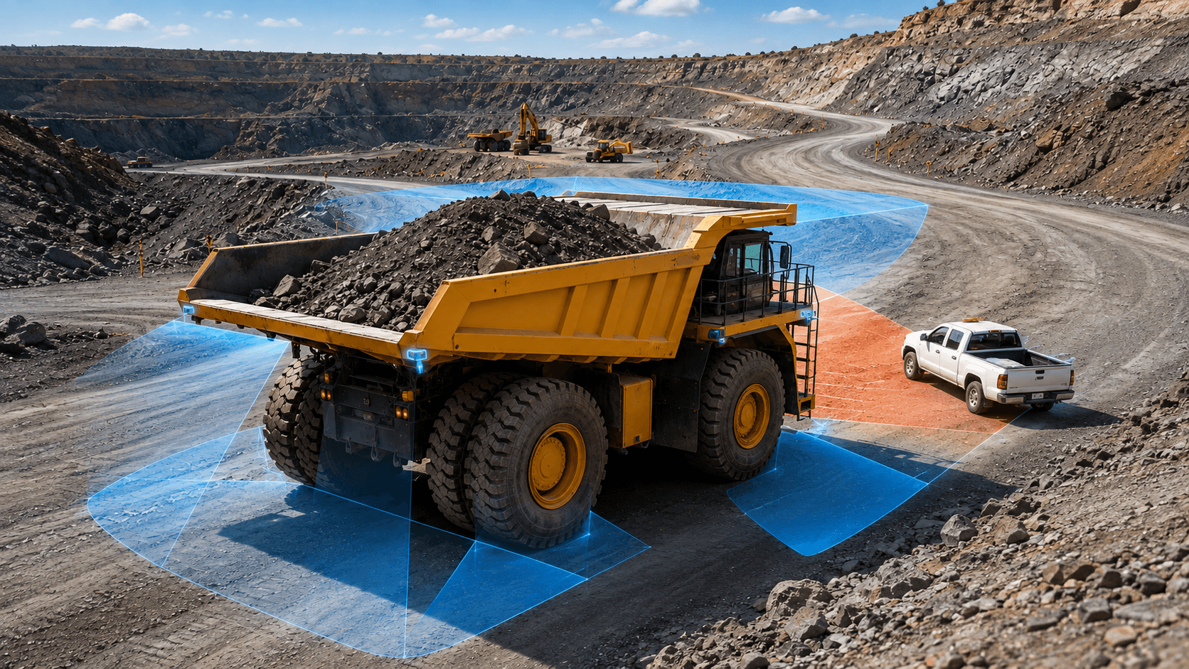 Surround view coverage around a large mining truck in an open pit mine