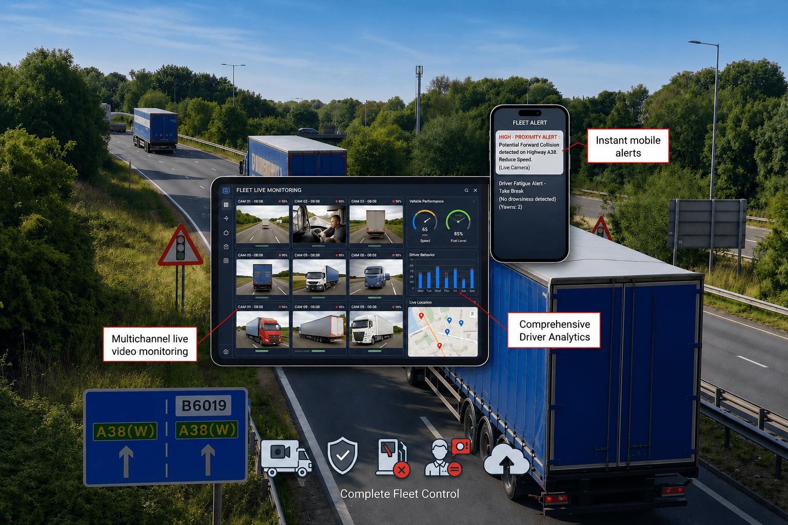 4G vehicle video monitoring screen with multi-channel commercial vehicle camera feeds