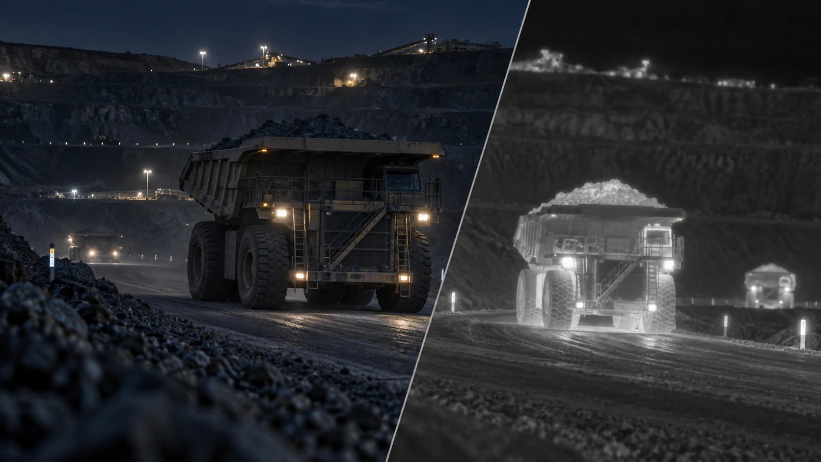 Mining haul truck operating at night with a conceptual thermal imaging comparison