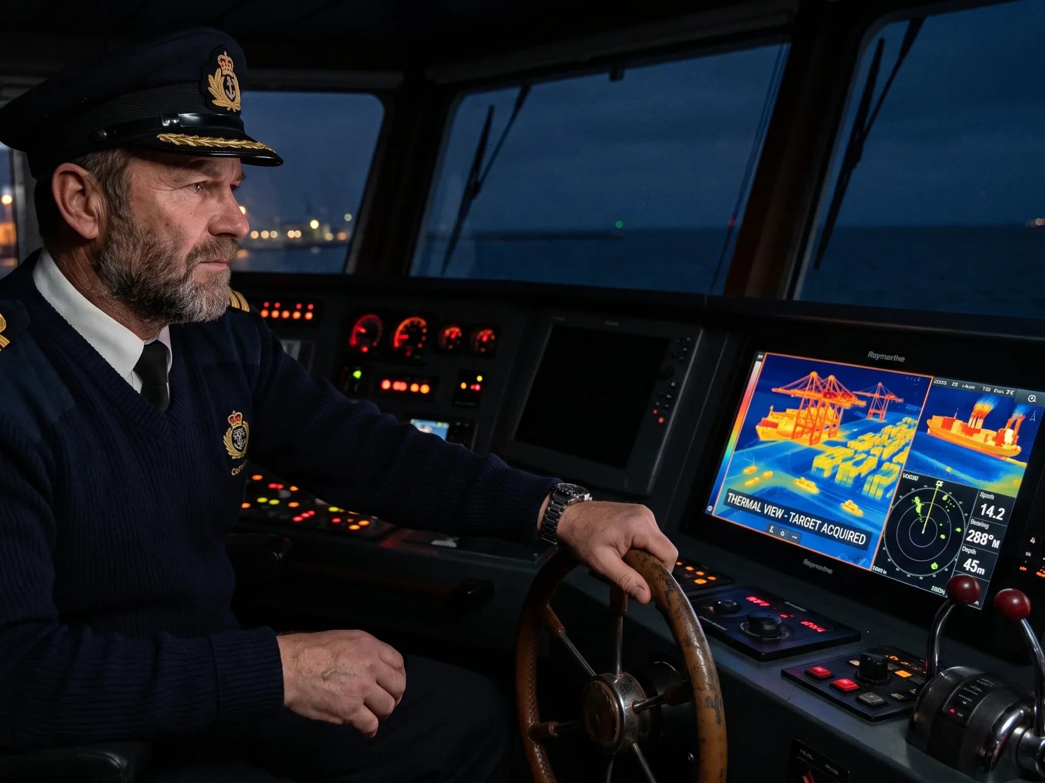 Marine thermal imaging camera view for low-light navigation